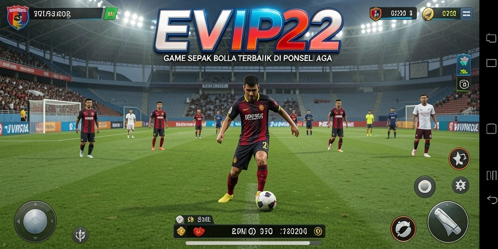 Screenshot gameplay EVIP2 dengan aksi menarik di lapangan sepak bola.