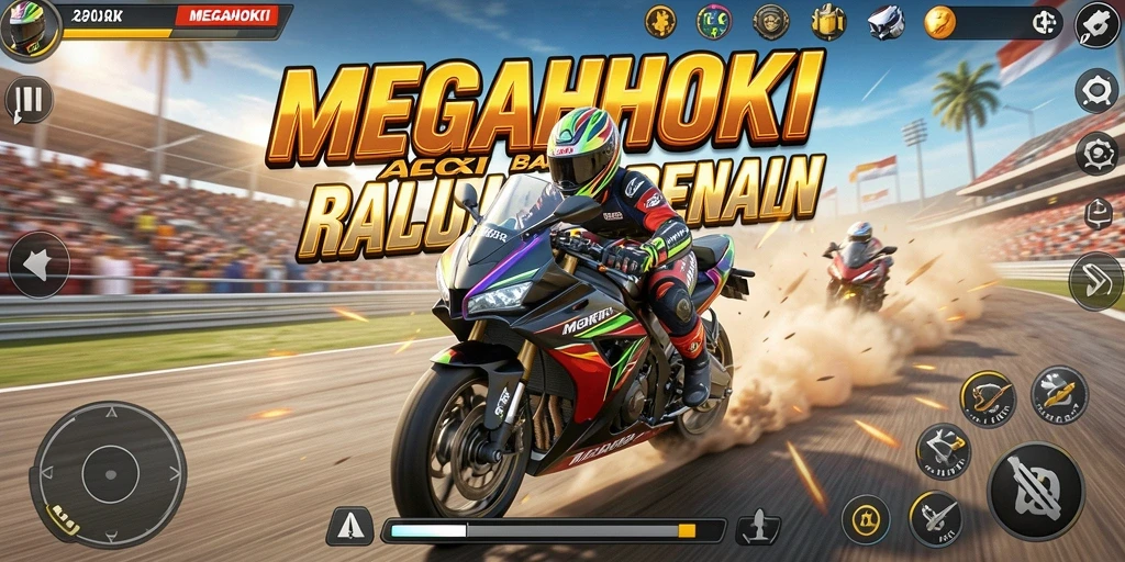 Tampilan gameplay menegangkan di MEGAHOKI dengan balapan motor yang cepat.