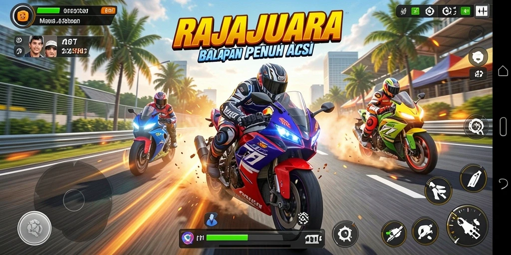 Tampilan gameplay seru dari RAJAJUARA saat balapan motor.